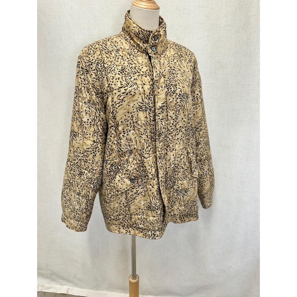 Clio Vintage 90s Quilted Jacket Medium Tan Vintage Animal Print Silk Puffer Coat - Picture 15 of 16